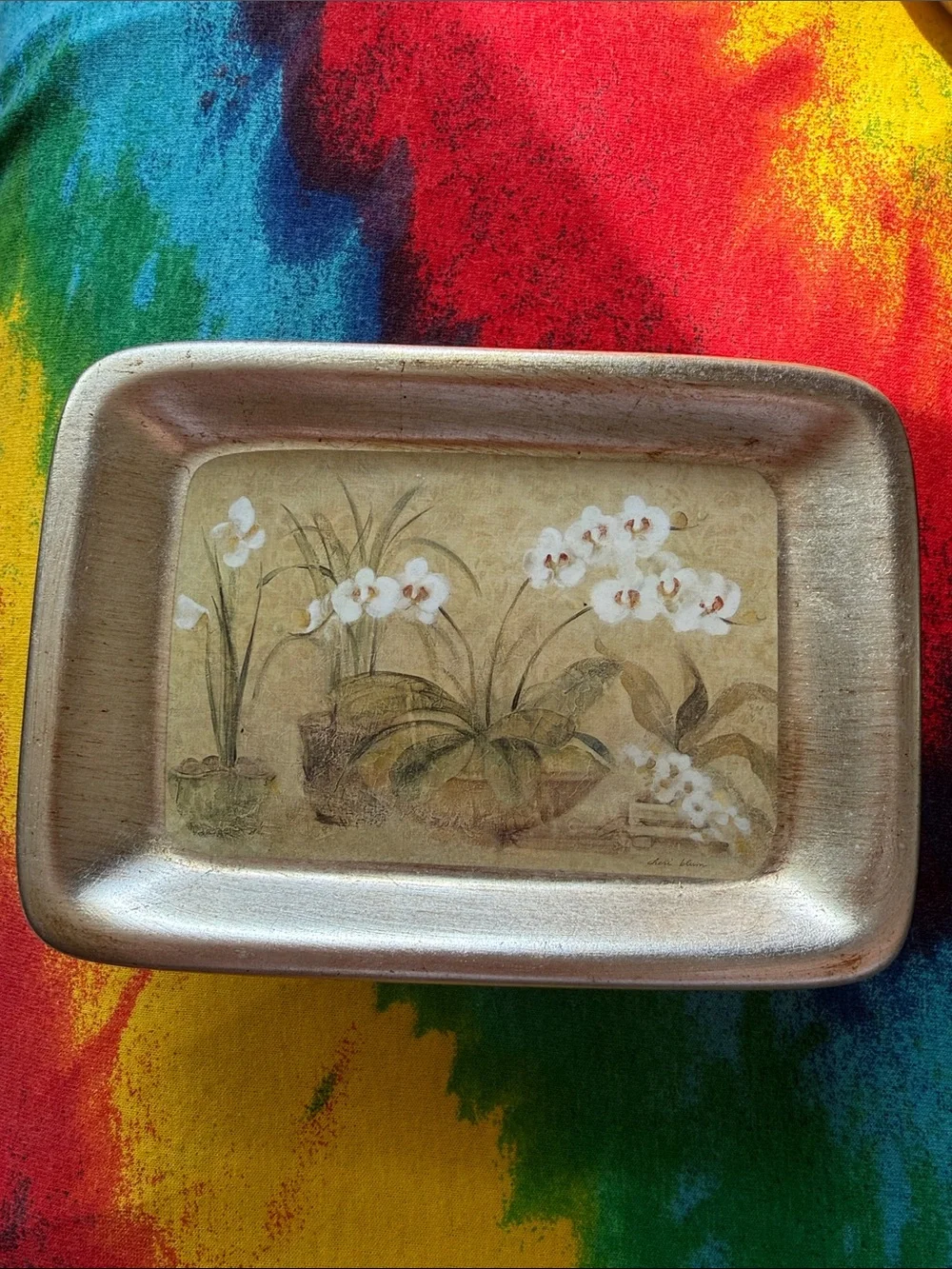 Orchid Motif burnished silver soap Vanity Tray - Decorative Home Bath Organizer